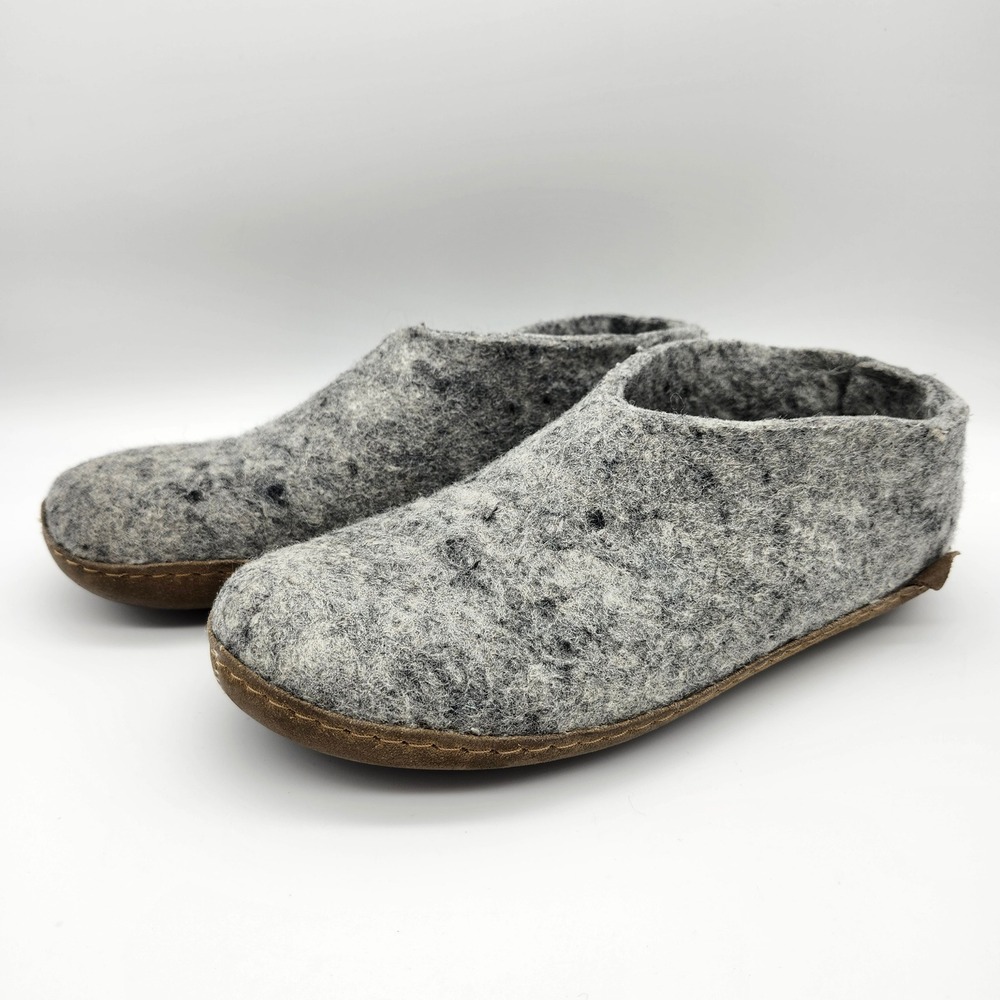Glerups Grey Wool Felt Slippers Shoes Leather Sole EU 39, Womens US 8.5, Men 7